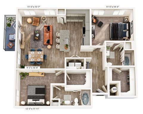 Floor plan for 2 beds, 2 baths, 1247 sqft